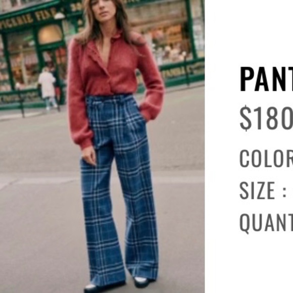 Sezane Pants - Sezane Theophile Blue Plaid Wide Leg Pants